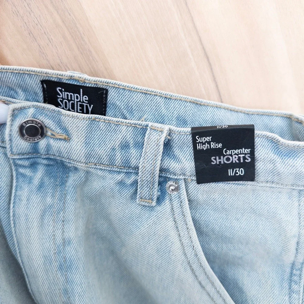 Simple Society Womens Carpenter‎ Denim Shorts 11/30 Blue High Rise Raw Hem 90s